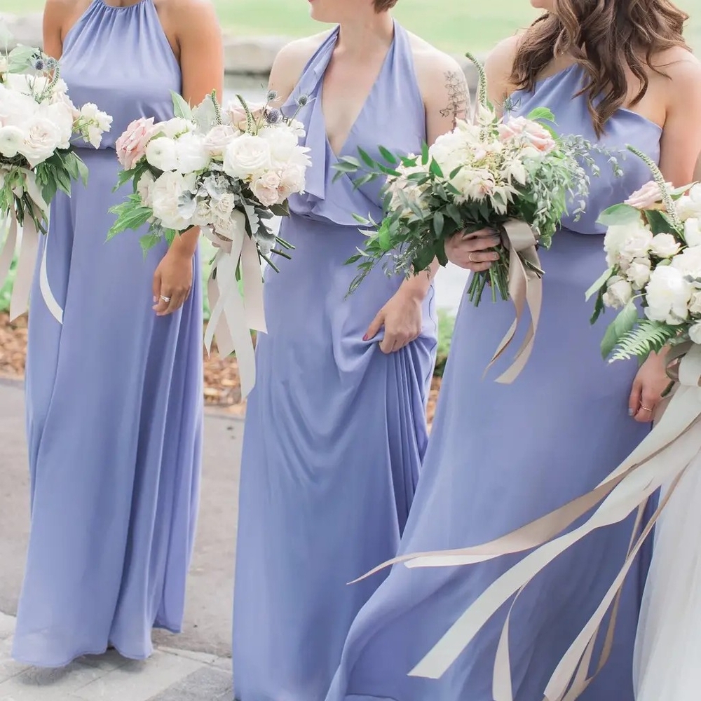 Pale lavender flowy maxi bridesmaid dress